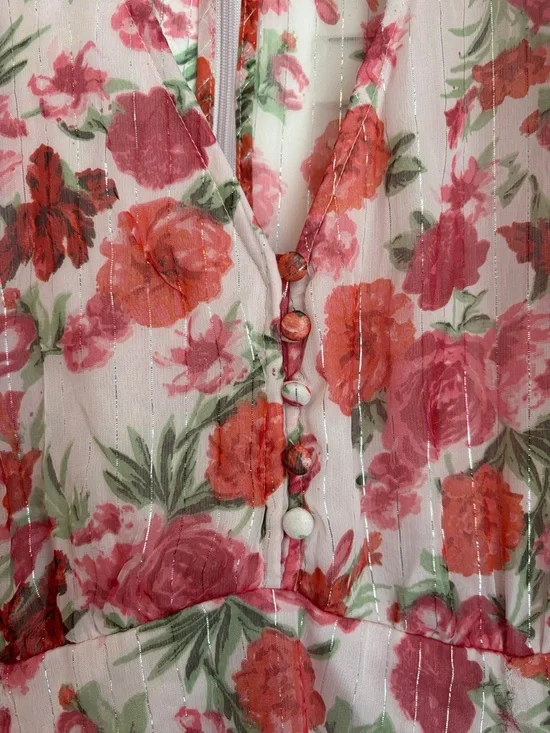 Stradivarius Pink Floral Midi Dress β Puff Sleeves Feminine Chic - Picture 6 of 14